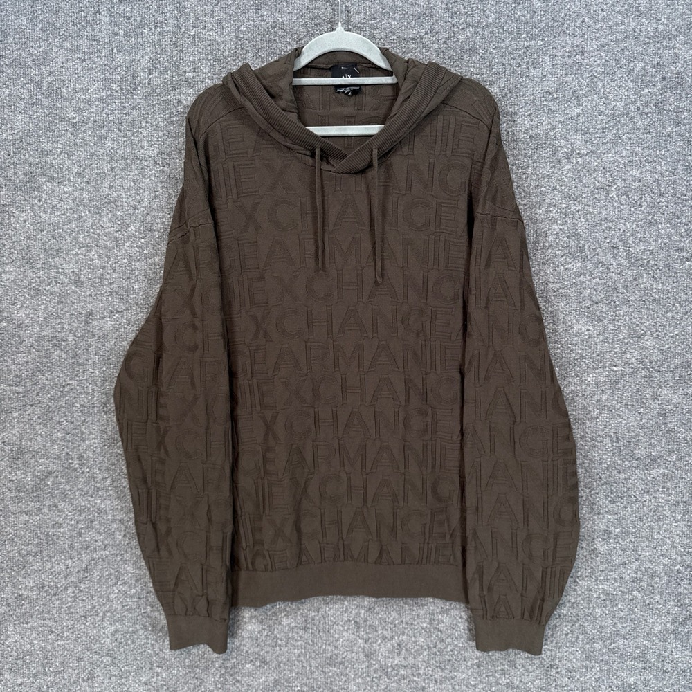 Armani Exchange Hoodie Mens Large Brown Embossed Logo Knit Pullover Sweater